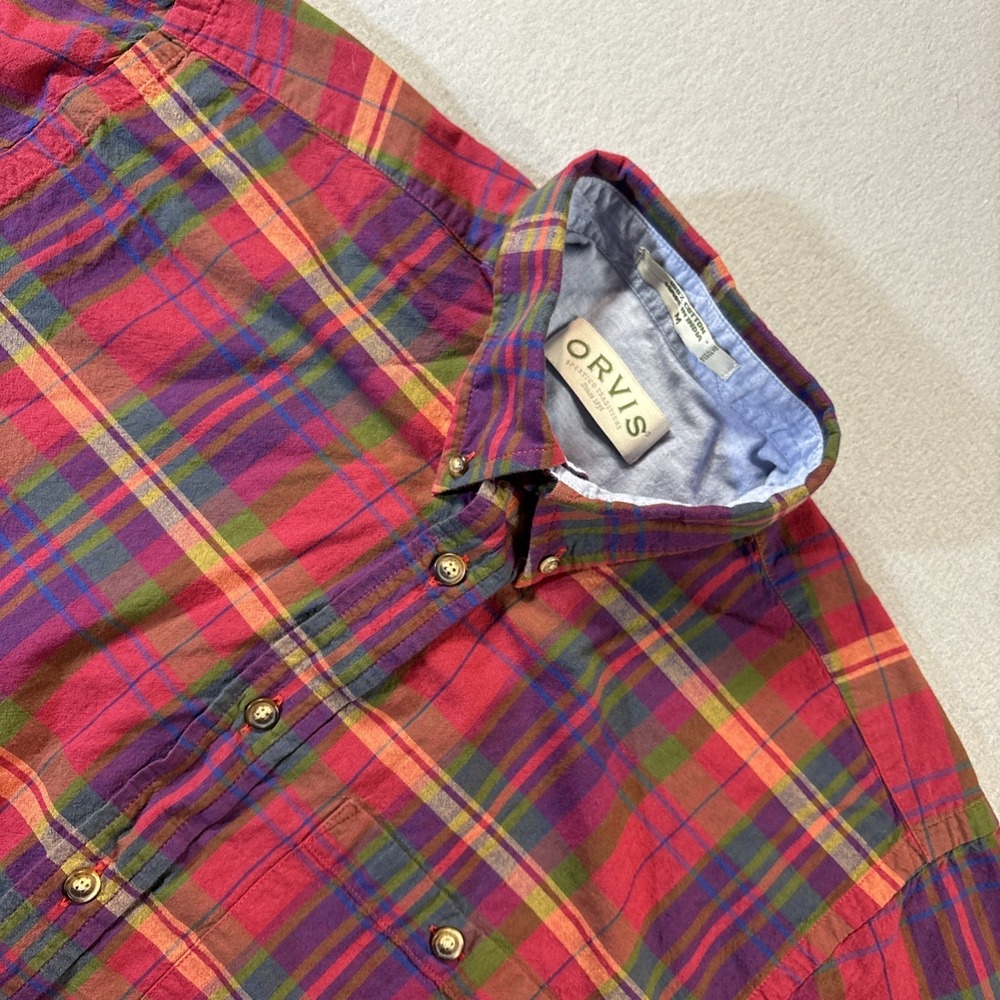 Orvis Plaid Button Down Shirt Short Sleeve Medium M Multicolor Cotton Pocket